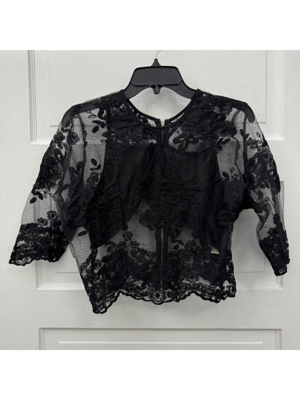 Mind Code Black Floral Lace Sheer Zip Front Bodysuit Top Women’s Size L